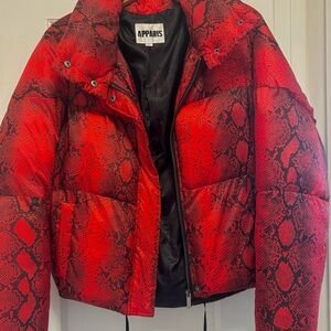 Apparis Red Puffer Jacket with Bold Design